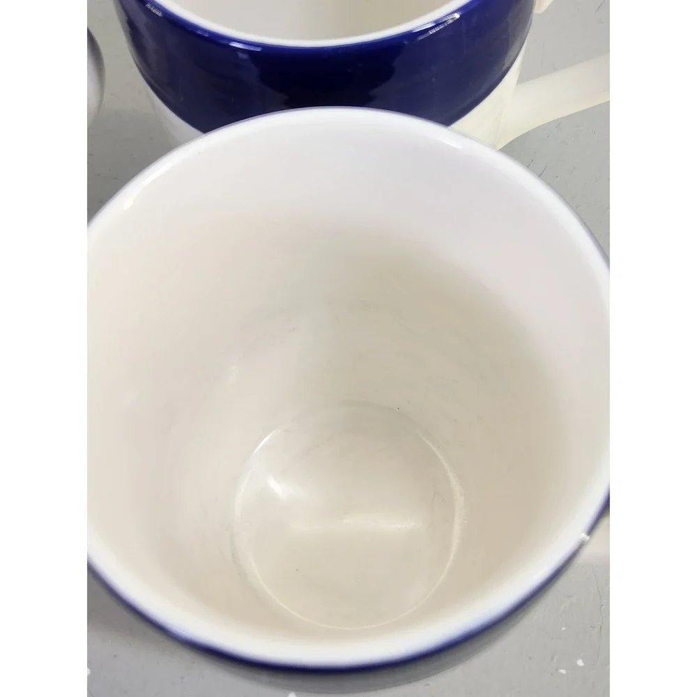 Pottery Barn Coffee Mugs Set of 4 White Navy Blue Ribbed Stoneware E